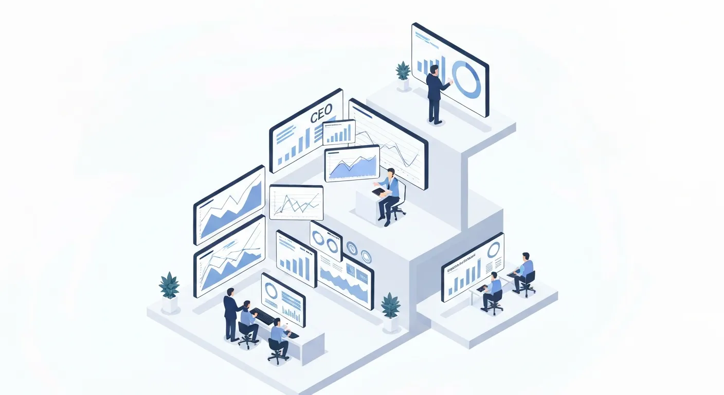 An isometric illustration showing three different types of business dashboards for different roles. At the top, a C-level executive views a high-level strategic dashboard. In the middle, a data analyst works with a complex analytical dashboard. At the bottom, a team monitors a real-time operational dashboard.