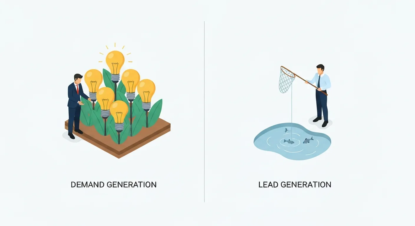 Ilustracja izometryczna porównująca generowanie popytu (ogrodnik pielęgnujący sad) z generowaniem leadów (rybak łowiący ryby), co wizualnie przedstawia różnicę między długoterminowym budowaniem relacji a natychmiastowym pozyskiwaniem kontaktów.
