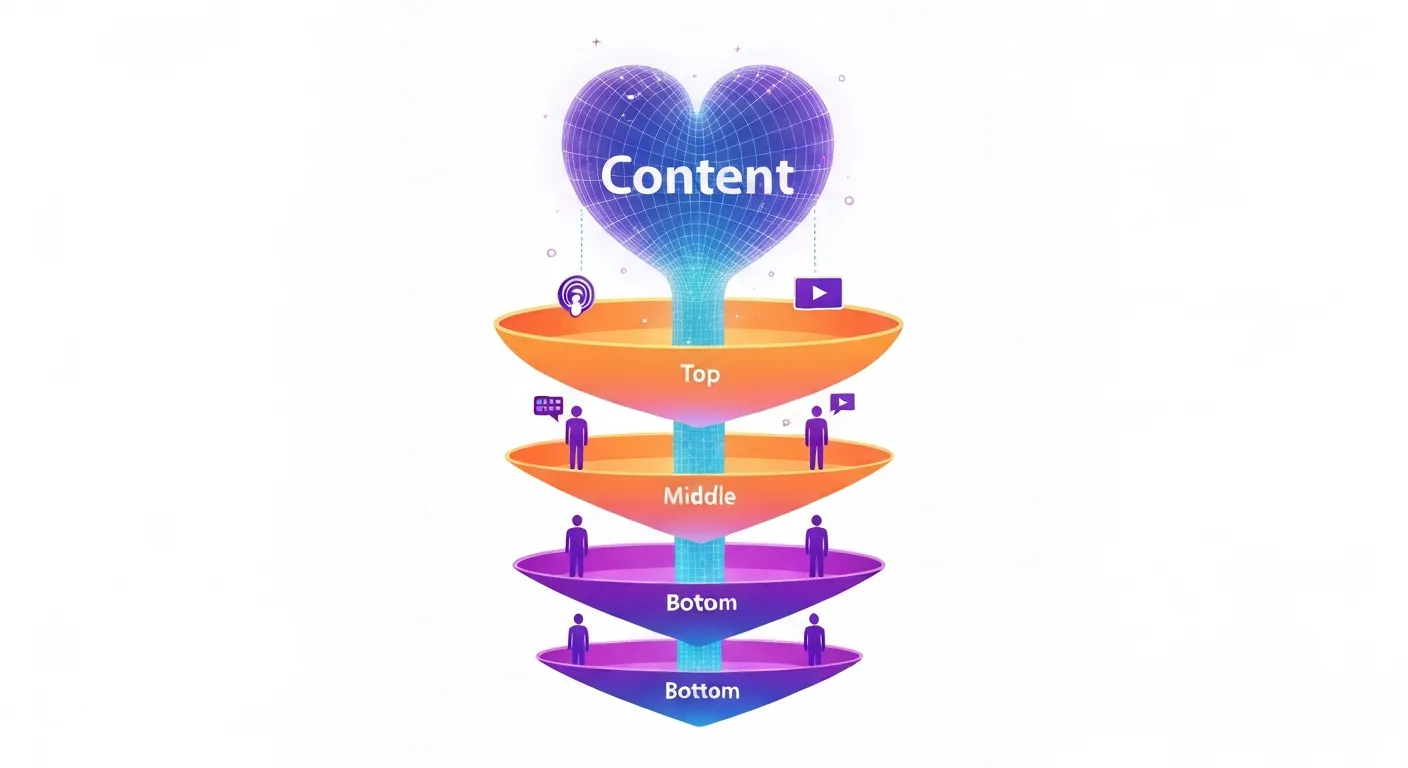 Abstrakcyjna wizualizacja lejka marketingowego, w którego sercu znajduje się treść (content). Pokazuje, jak wartościowe treści, takie jak blogi i webinary, przepływają przez poszczególne etapy podróży klienta.