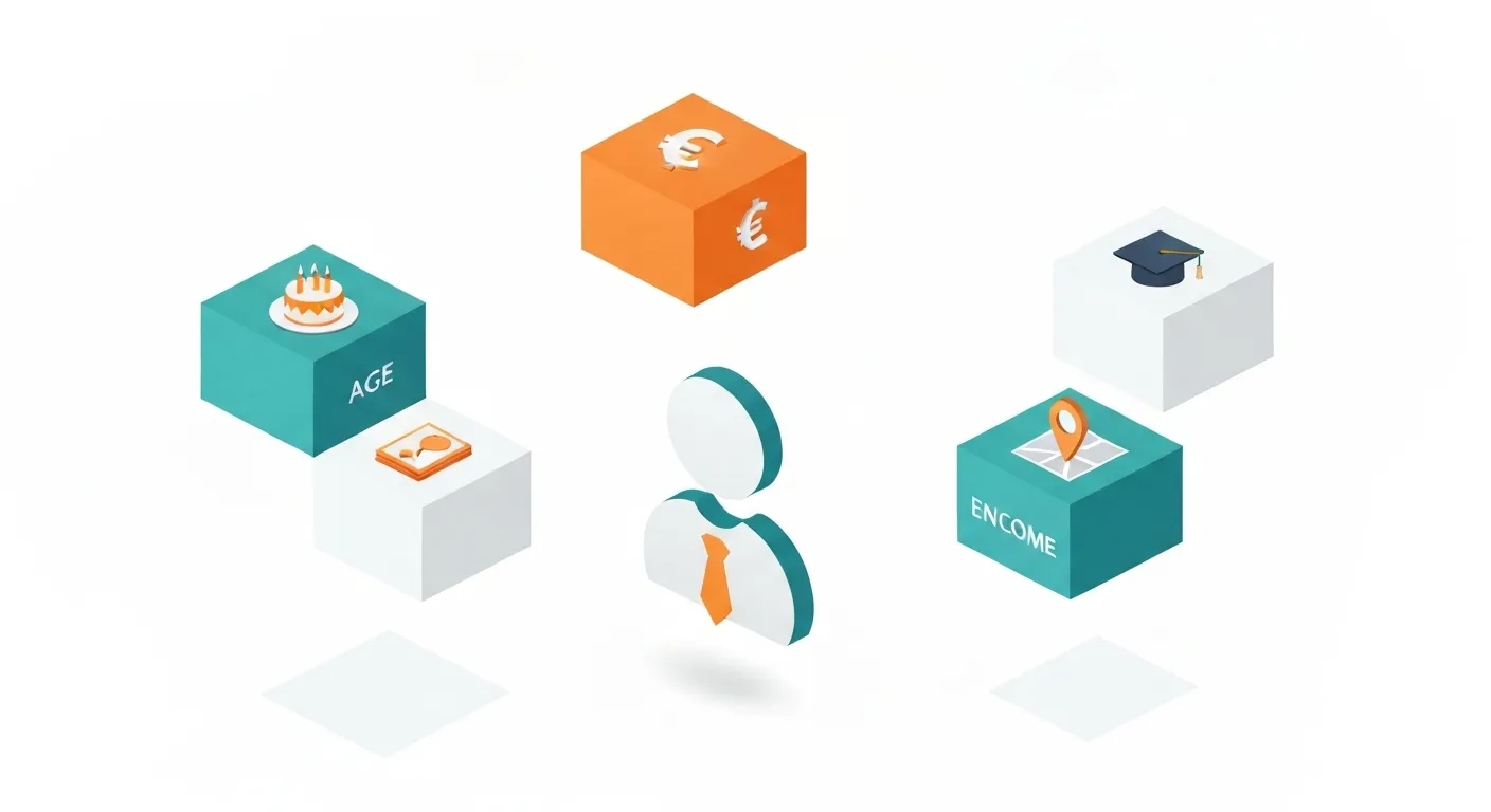 Ilustracja izometryczna pokazująca kluczowe zmienne demograficzne. W centrum znajduje się sylwetka klienta, a wokół niej lewitują bloki 3D z ikonami symbolizującymi wiek (tort), płeć (symbole płci), dochód (znak waluty) i lokalizację (znacznik mapy), co obrazuje budowanie profilu klienta.