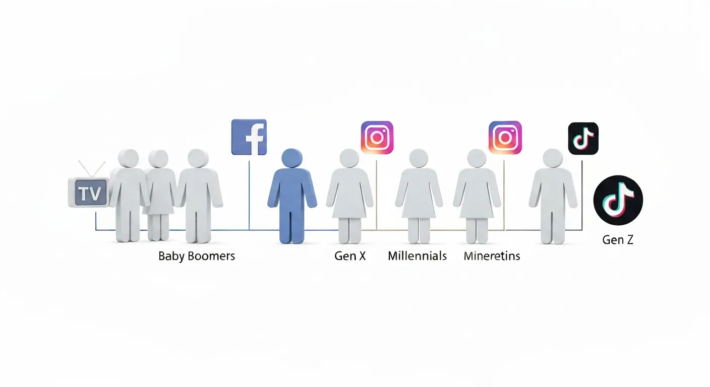Grafika koncepcyjna przedstawiająca marketing pokoleniowy. Cztery grupy stylizowanych postaci, każda symbolizująca inne pokolenie (od Baby Boomers do Pokolenia Z), są połączone z ikonami reprezentującymi ich preferowane kanały medialne: telewizor, Facebook, Instagram i TikTok.