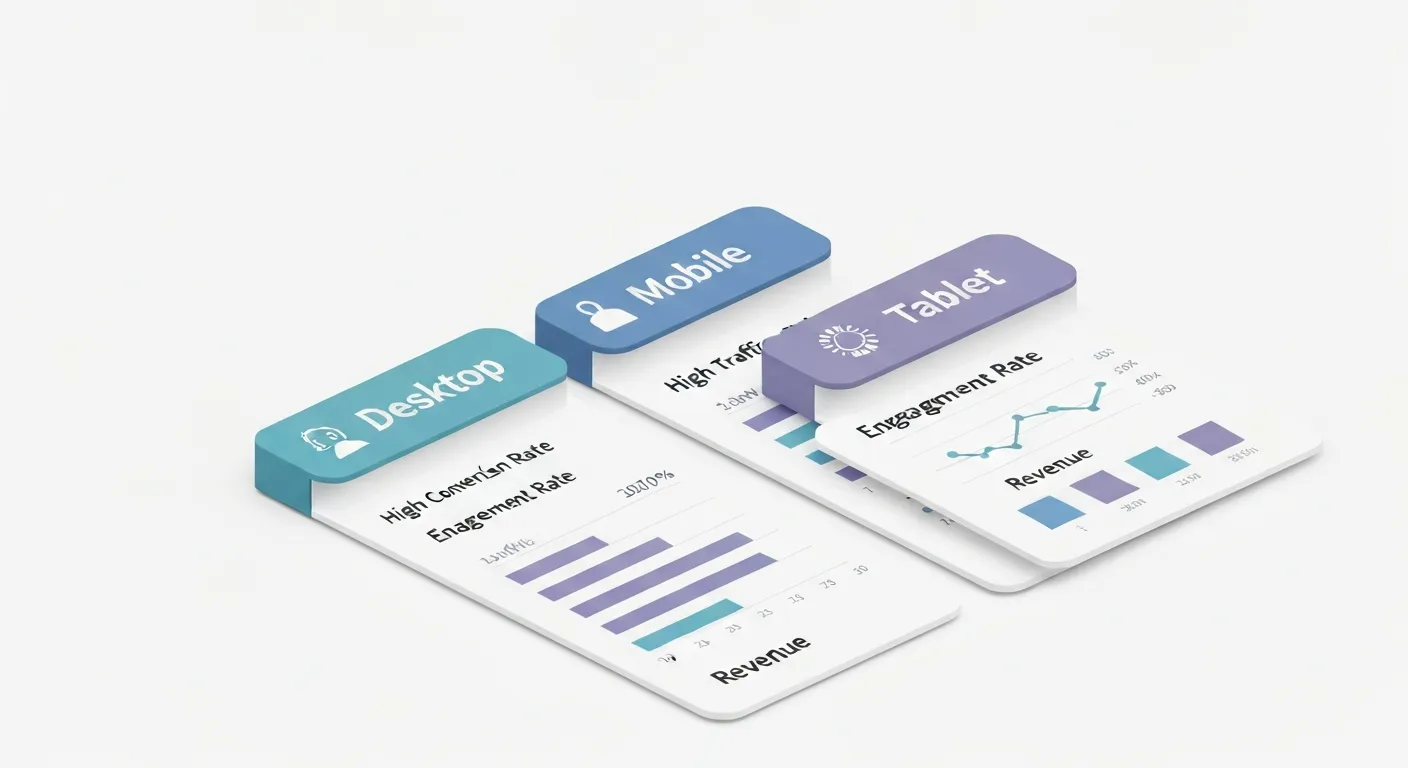 Trójwymiarowa wizualizacja pulpitu analitycznego, który porównuje kluczowe wskaźniki marketingowe – współczynnik konwersji, zaangażowanie i przychody – dla desktopu, mobile i tabletu.