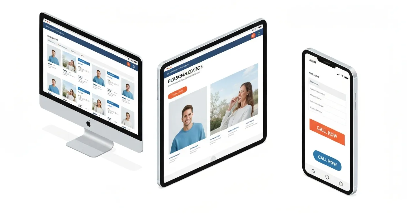 Ilustracja pokazująca, jak ta sama strona internetowa dostosowuje swój wygląd i treść na trzech różnych urządzeniach w celu personalizacji i optymalizacji doświadczenia użytkownika.