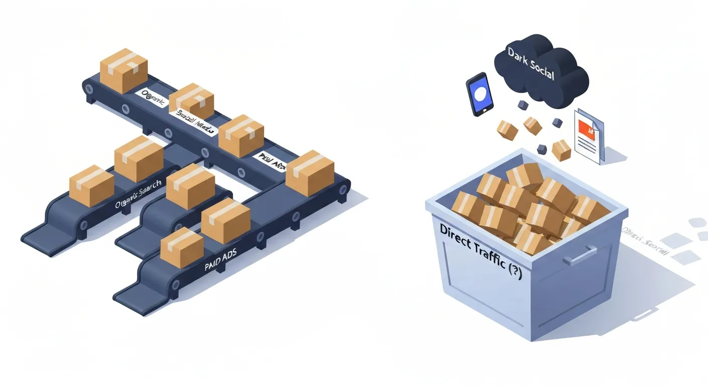 An isometric illustration of a data processing warehouse where different sources of traffic are sorted. Neatly stacked boxes labeled 'Organic', 'Paid Search', and 'Social Media' are on one side. On the other, a huge, overflowing container labeled 'Direct Traffic' is being filled with unlabeled boxes falling from various sources: a smartphone, a private message icon (dark social), and a broken chain link, illustrating the hidden sources of direct traffic.