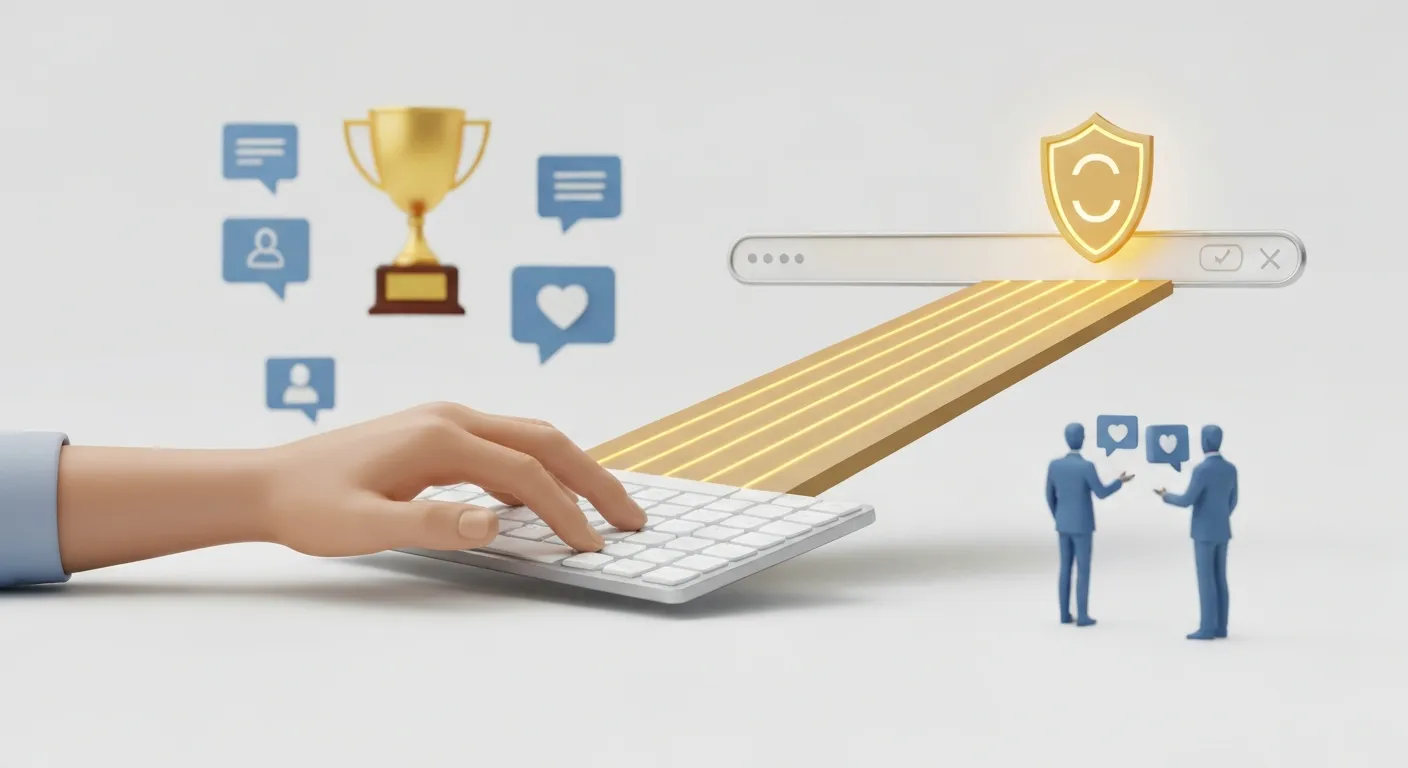 An illustration showing the positive side of direct traffic as a sign of strong brand awareness. A stylized hand types a URL into a browser bar, and a solid, glowing bridge forms, leading directly to a website's logo. In the background, icons representing brand loyalty, such as a heart, a trophy, and a thumbs-up, are visible.