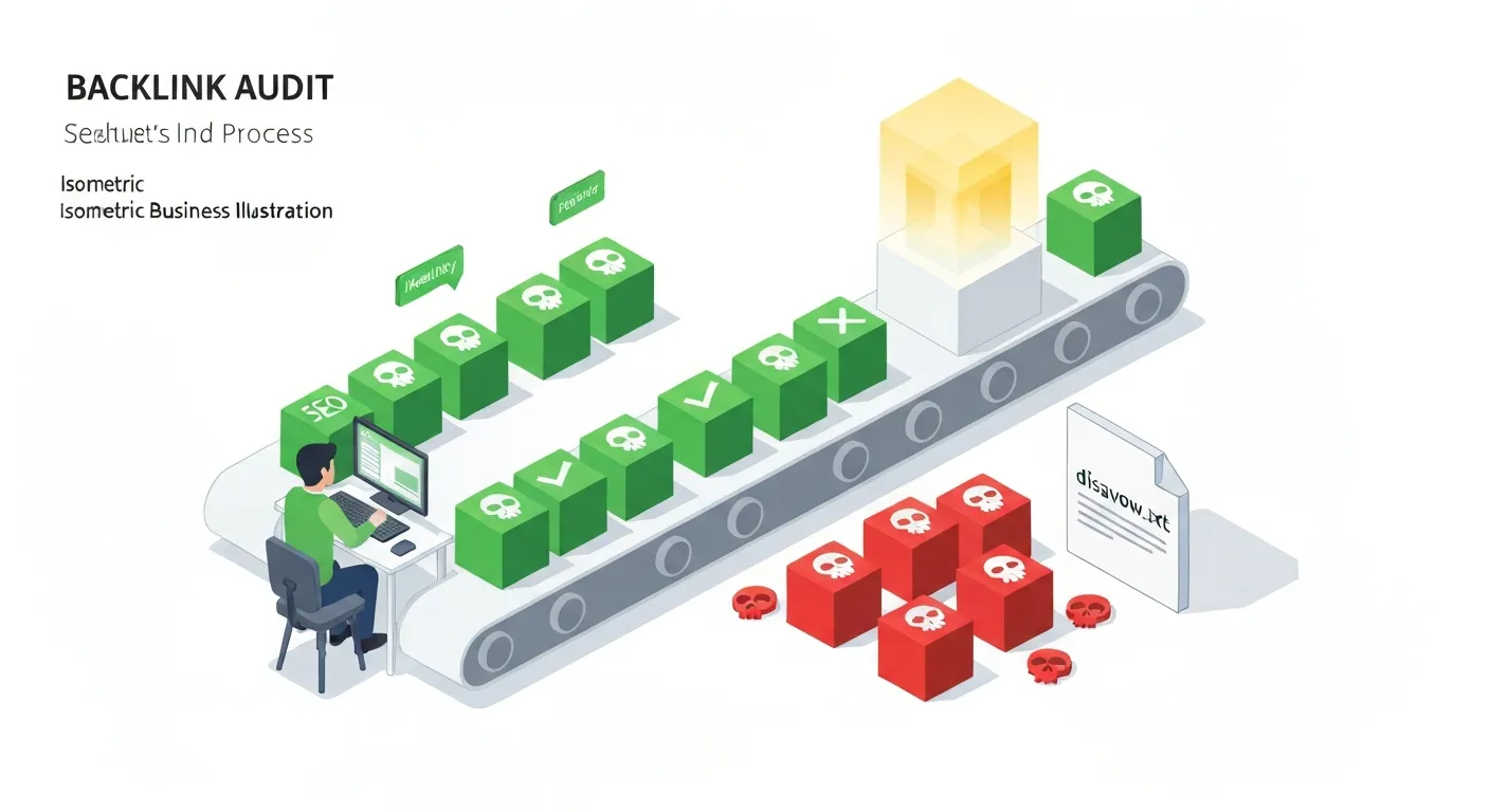 An isometric illustration showing a digital conveyor belt carrying various link icons towards an analyst. The analyst sorts the icons, placing green, healthy link icons into a 'Keep' folder and red, toxic link icons into a 'Disavow' file.