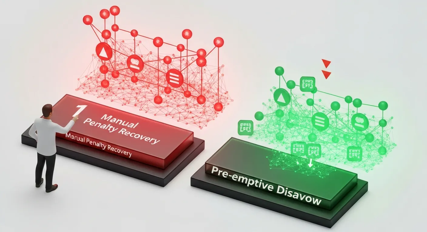 A visual metaphor for the risks of the disavow tool: a person at a digital crossroads, one path leading to a repaired, healthy website graph after a Google penalty, the other path crumbling away, showing the danger of incorrectly disavowing valuable links.