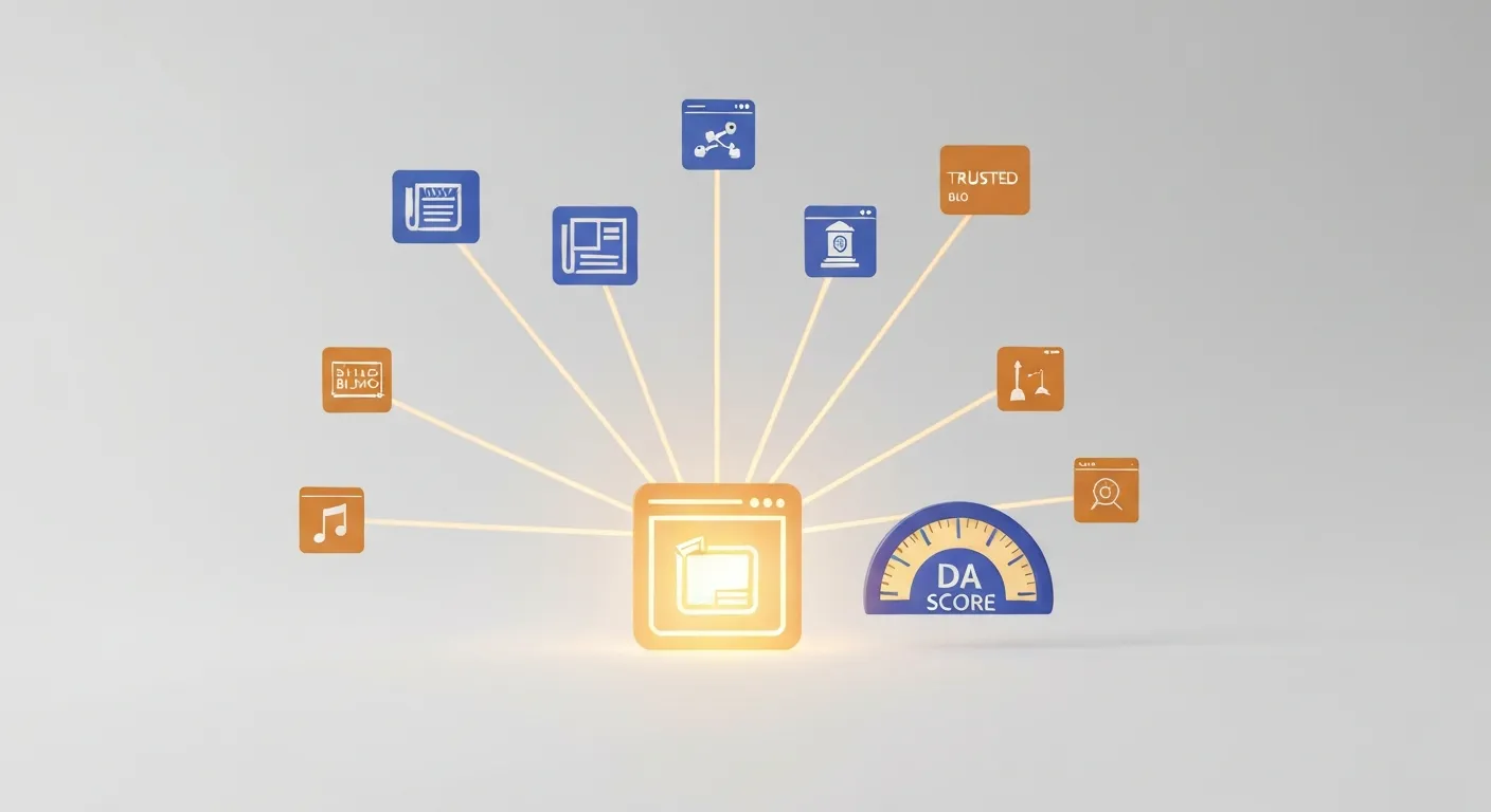 Wizualizacja sposobu obliczania Domain Authority, pokazująca jak kluczowe czynniki, takie jak liczba i jakość domen linkujących, zasilają i zwiększają wynik DA centralnej strony internetowej.