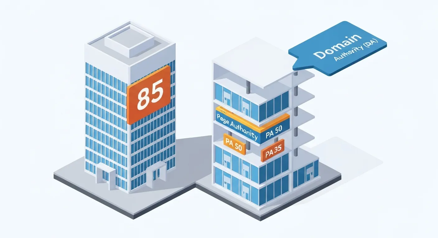 Graficzne porównanie Domain Authority (DA) i Page Authority (PA). Duży budynek reprezentuje autorytet całej domeny (DA), podczas gdy poszczególne piętra lub biura wewnątrz symbolizują autorytet pojedynczych podstron (PA).