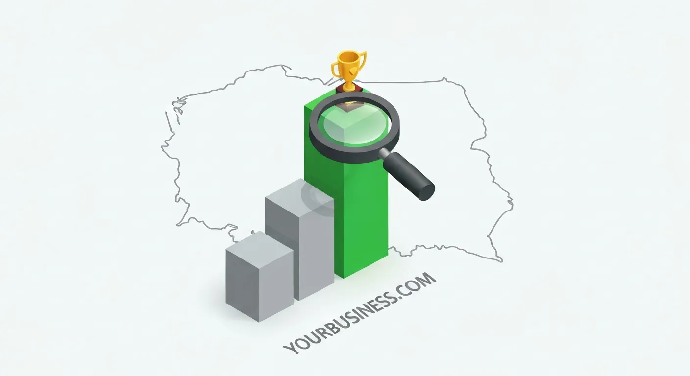 An isometric illustration showing a bar chart representing search engine rankings. A bar labeled 'twojbiznes.pl' is significantly taller and has a gold trophy on top, while a shorter bar next to it is labeled 'yourbusiness.com'. In the background, a subtle outline of the country of Poland is visible, symbolizing the local SEO advantage.