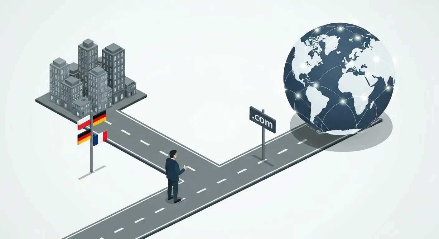 An illustration of a business owner standing at a fork in the road. One path, marked with a signpost showing various country flags like Poland, Germany, and France, leads to a thriving but geographically contained city. The other path, marked with a signpost that says '.com', leads to a sprawling global map with connections to multiple continents, illustrating the strategic choice between a local focus and international expansion.