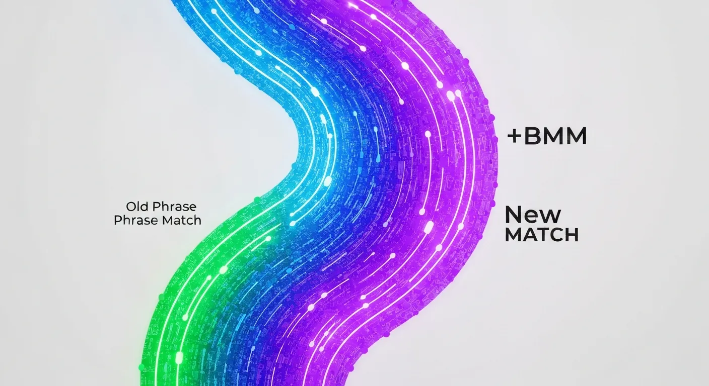 An abstract visual showing the evolution of phrase match, where it absorbs the functionality of the Broad Match Modifier (BMM), represented by two data streams merging into one more powerful and intelligent entity.