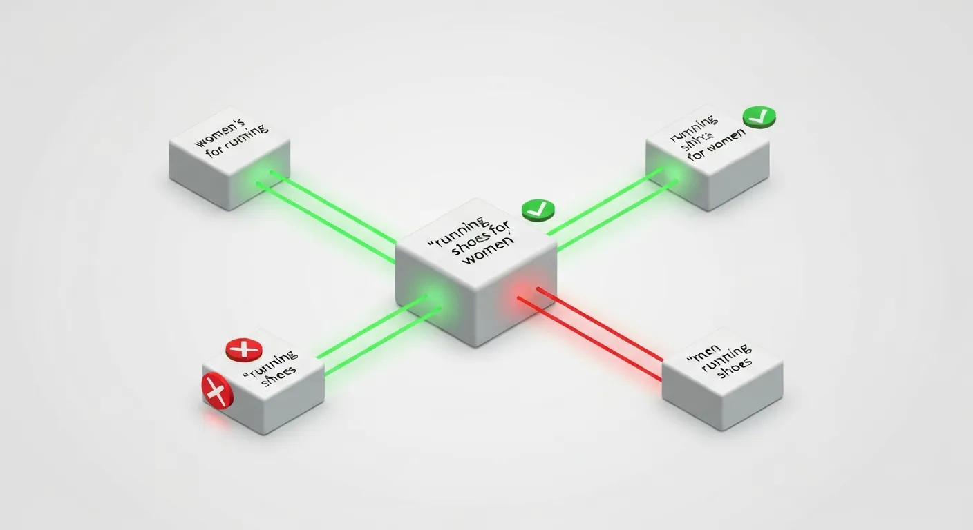 An isometric diagram illustrating how phrase match works. A central keyword is connected by positive indicators to queries that share the same meaning, and by negative indicators to queries that alter the core intent.