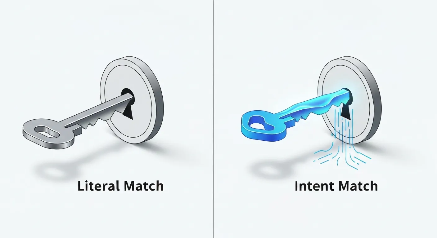 Ilustracja pokazująca ewolucję dopasowania ścisłego: po lewej stronie sztywny, mechaniczny klucz, po prawej elastyczny, cyfrowy klucz, który dopasowuje się do zamka, symbolizując przejście od dopasowania dosłownego do opartego na intencji.