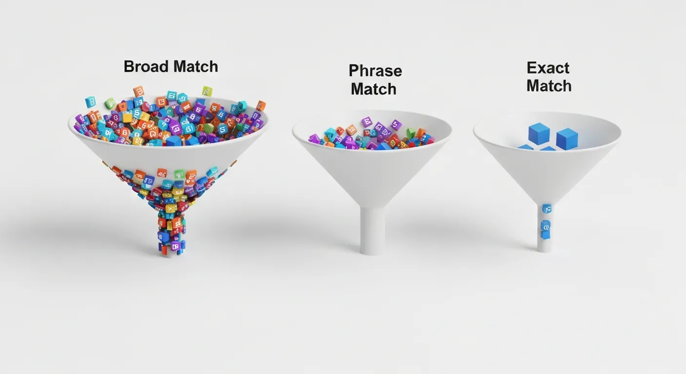 Wizualizacja danych porównująca typy dopasowań jako trzy filtry. Lejek 'Broad Match' jest najszerszy, 'Phrase Match' węższy, a 'Exact Match' najwęższy, przepuszczając tylko najbardziej trafne zapytania.