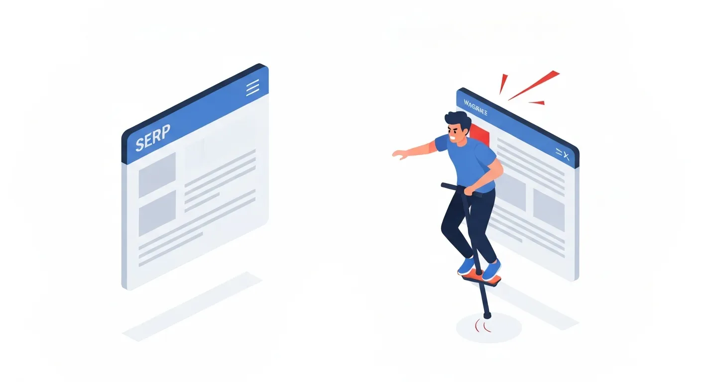 Ilustracja koncepcji 'pogo-sticking' w SEO, czyli krótkiego dwell time. Użytkownik skacze na drążku pogo pomiędzy stroną wyników wyszukiwania a nieadekwatną stroną internetową, co symbolizuje szybkie opuszczanie witryny i jest negatywnym sygnałem dla algorytmu.