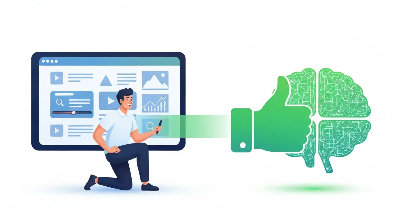 Wizualizacja długiego dwell time jako pozytywnego sygnału dla Google. Zadowolony użytkownik znalazł wartościową treść, co wysyła zielony sygnał jakości w postaci kciuka w górę do ikony mózgu algorytmu wyszukiwarki.