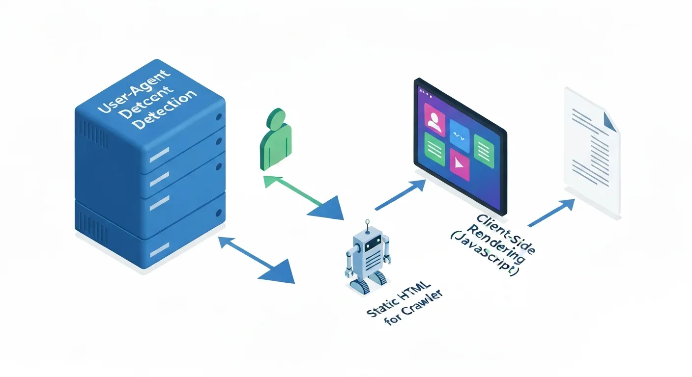 Diagram izometryczny ilustrujący proces dynamic renderingu. Pokazuje, jak serwer identyfikuje żądanie od użytkownika i robota na podstawie nagłówka User-Agent, a następnie serwuje wersję renderowaną po stronie klienta (CSR) dla człowieka, a pre-renderowaną, statyczną wersję HTML dla bota.