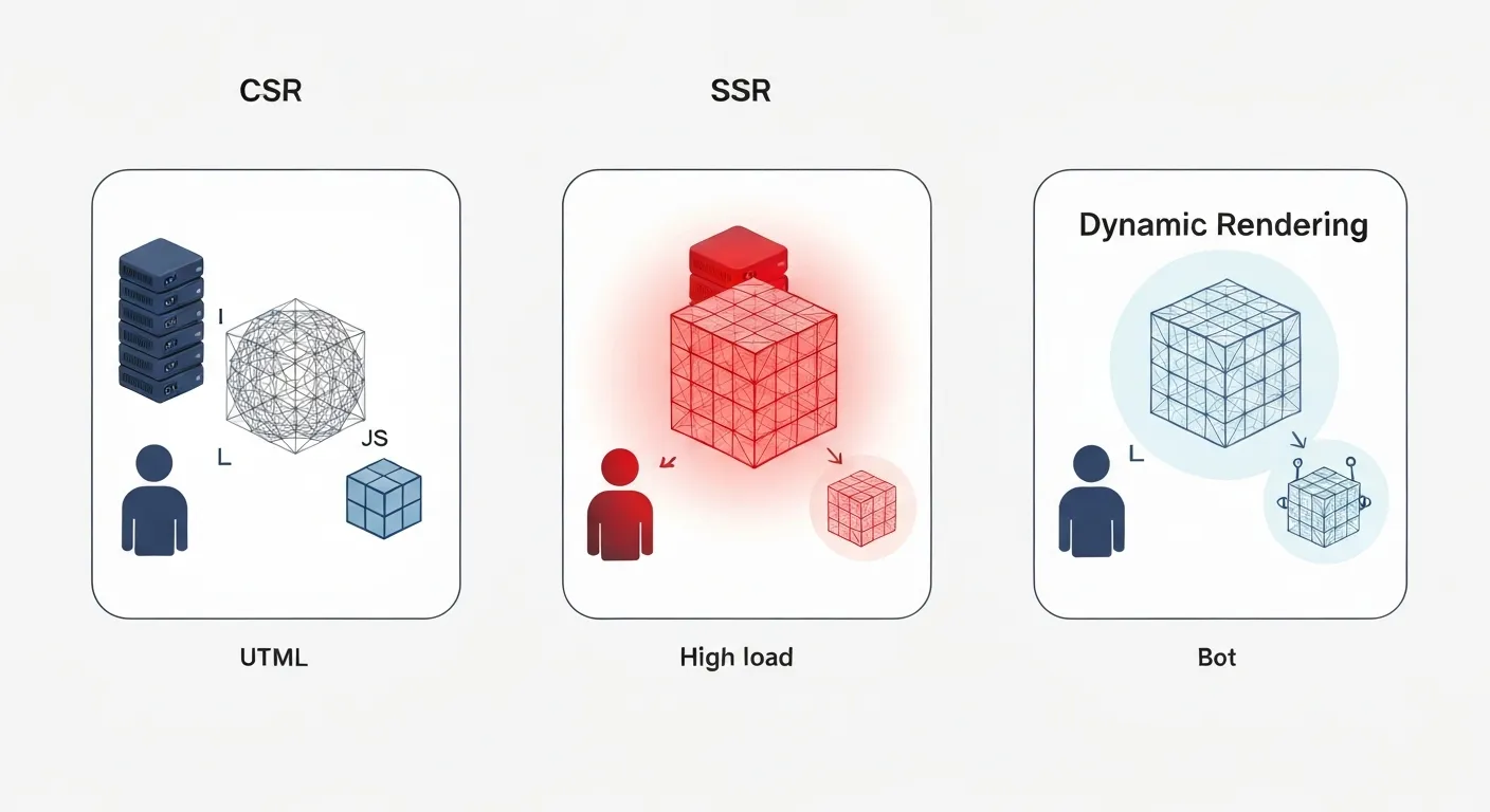 Wizualne porównanie trzech metod renderowania stron: CSR, SSR i Dynamic Rendering. Grafika pokazuje różnice w obciążeniu serwera i w tym, co jest dostarczane do przeglądarki użytkownika i robota wyszukiwarki w każdym z tych podejść.