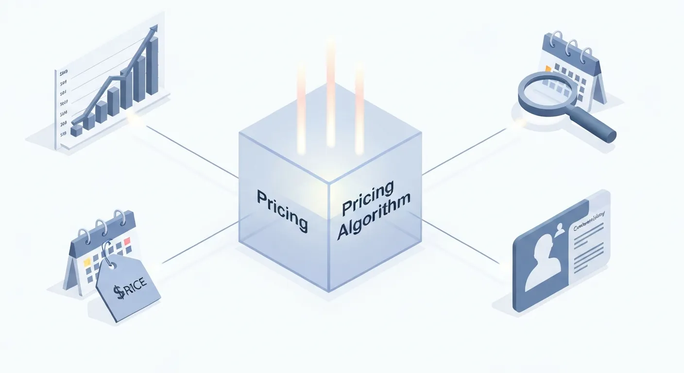 Izometryczna ilustracja przedstawiająca centralny mechanizm algorytmiczny, do którego spływają dane z różnych źródeł: wykresy popytu, kalendarz, ceny konkurencji i profile klientów, symbolizując kluczowe czynniki dynamicznej wyceny.