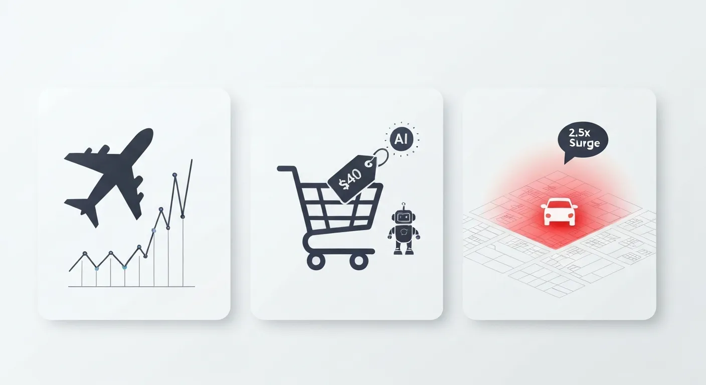 Wizualizacja pokazująca trzy przykłady dynamicznej wyceny w praktyce: zmieniające się ceny biletów lotniczych, dynamiczne ceny produktów w sklepie internetowym i mnożnik cenowy w aplikacji ride-sharing.