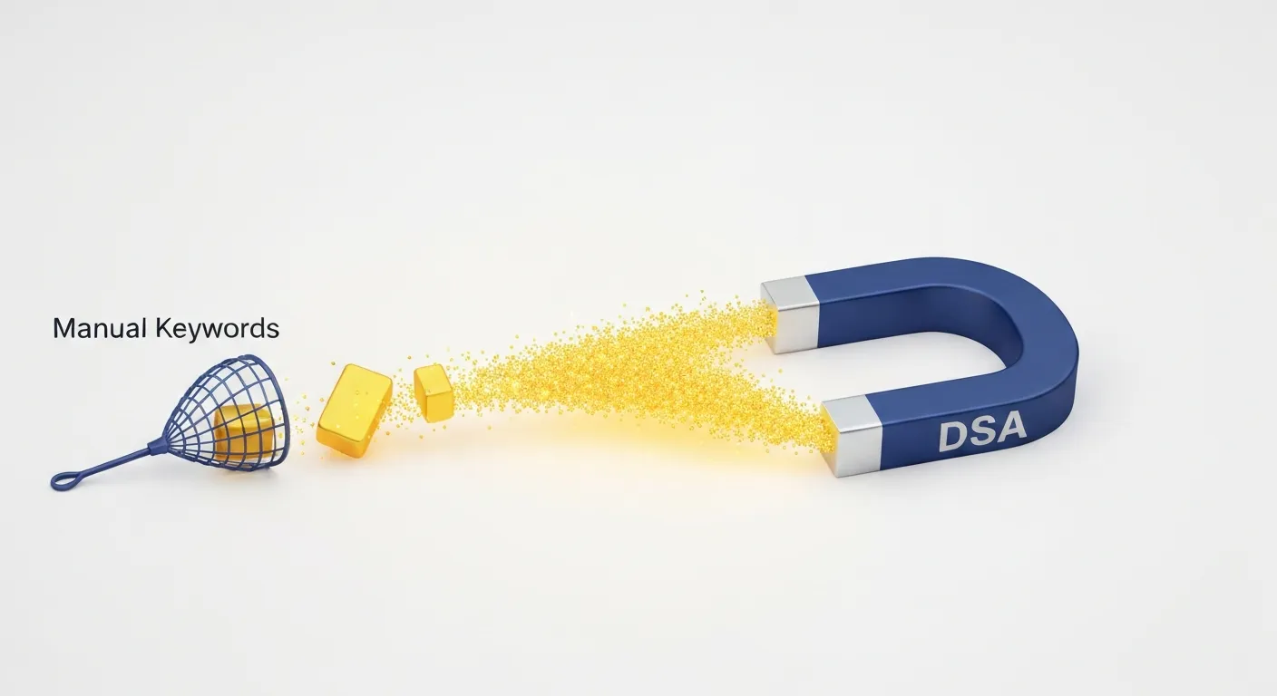 A conceptual illustration showing the benefit of DSA in capturing long-tail keywords. A large magnet labeled 'DSA' effectively attracts a wide swarm of small, specific search query particles, while a small net labeled 'Manual Keywords' only catches a few large ones.