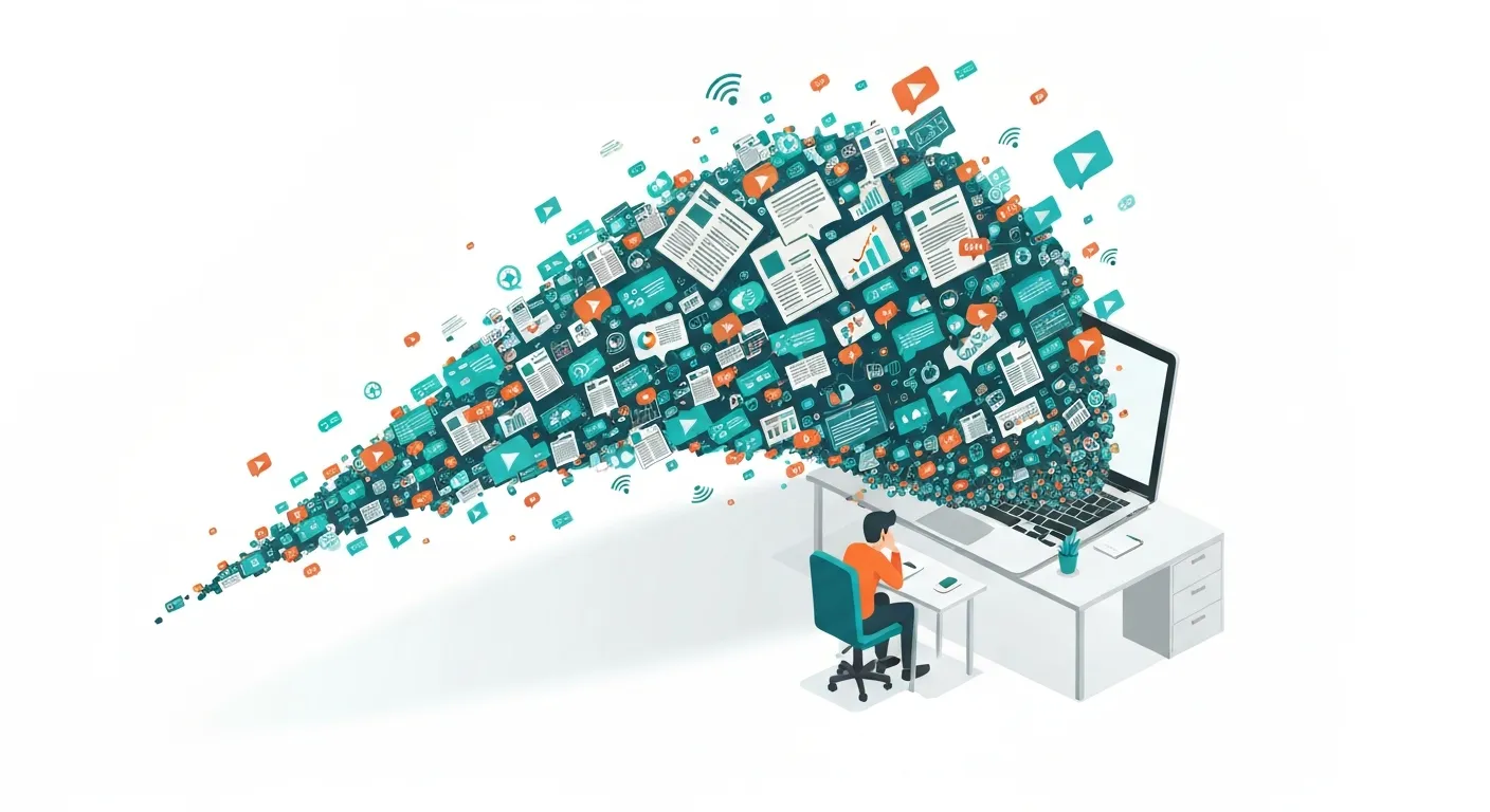 Ilustracja przedstawiająca koncepcję 'Content Shock'. Stylizowana postać siedzi przed ekranem komputera i jest przytłoczona ogromną, symboliczną falą składającą się z artykułów, filmów i powiadomień, która wylewa się z monitora. Obrazuje to problem nadmiaru informacji w dzisiejszym świecie.