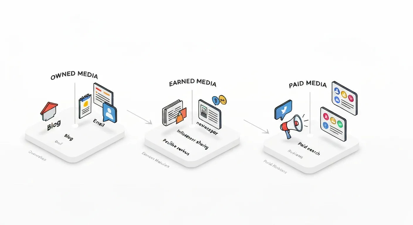Izometryczna infografika przedstawiająca trzy filary dystrybucji treści: kanały własne (Owned), pozyskane (Earned) i płatne (Paid). Trzy oddzielne, ale połączone platformy wizualizują każdą kategorię za pomocą odpowiednich ikon, takich jak blog, wzmianki w mediach i reklamy, pokazując zintegrowaną strategię.