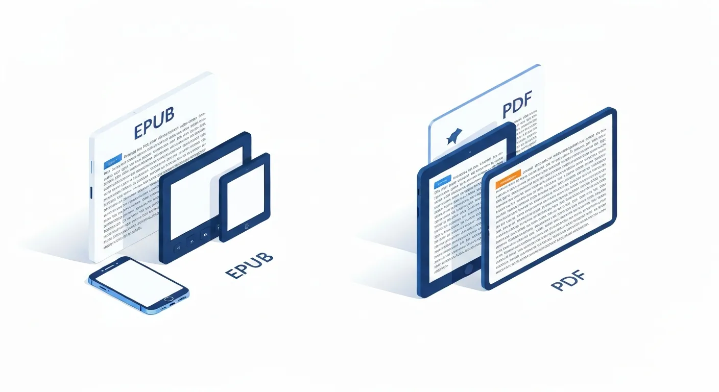 Ilustracja koncepcyjna pokazująca różnicę między formatami e-booków. Po lewej stronie, tekst w formacie EPUB płynnie dostosowuje swój układ do trzech różnych ekranów: smartfona, czytnika i tabletu. Po prawej stronie, ten sam tekst w formacie PDF jest pokazany jako sztywna, niezmienna strona, która jest za duża dla mniejszych ekranów.