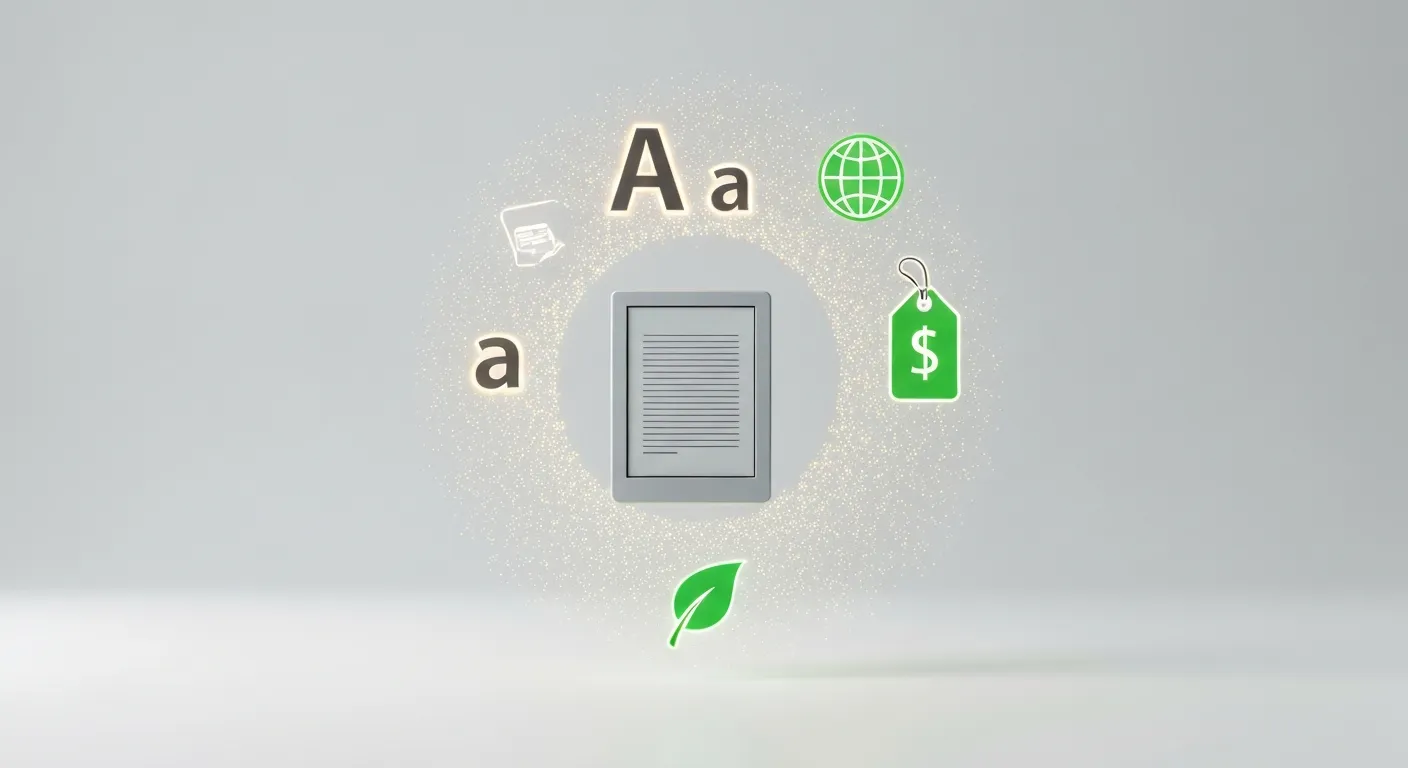 Grafika przedstawiająca główne zalety e-booków. W centrum znajduje się lekki czytnik, z którego wylatuje strumień świecących ikon symbolizujących korzyści: piórko (personalizacja tekstu), globus (natychmiastowy dostęp), portfel (niższa cena) i zielony liść (ekologia), tworząc wokół niego aurę możliwości.