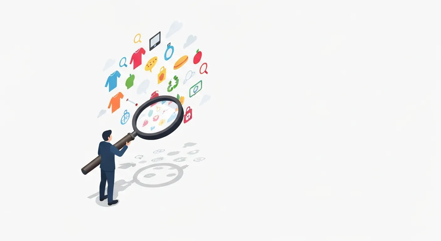 Ilustracja koncepcji wyboru niszy w e-commerce. Osoba używa lupy do wyizolowania jednej grupy ikon produktów z dużej, rozproszonej chmury, co symbolizuje znalezienie specjalistycznego rynku.