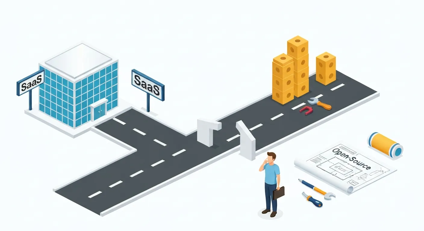 Wybór platformy e-commerce: osoba stojąca na rozdrożu. Jedna droga prowadzi do gotowego budynku 'SaaS', a druga do zestawu klocków 'Open-Source', co ilustruje wybór technologii dla sklepu.