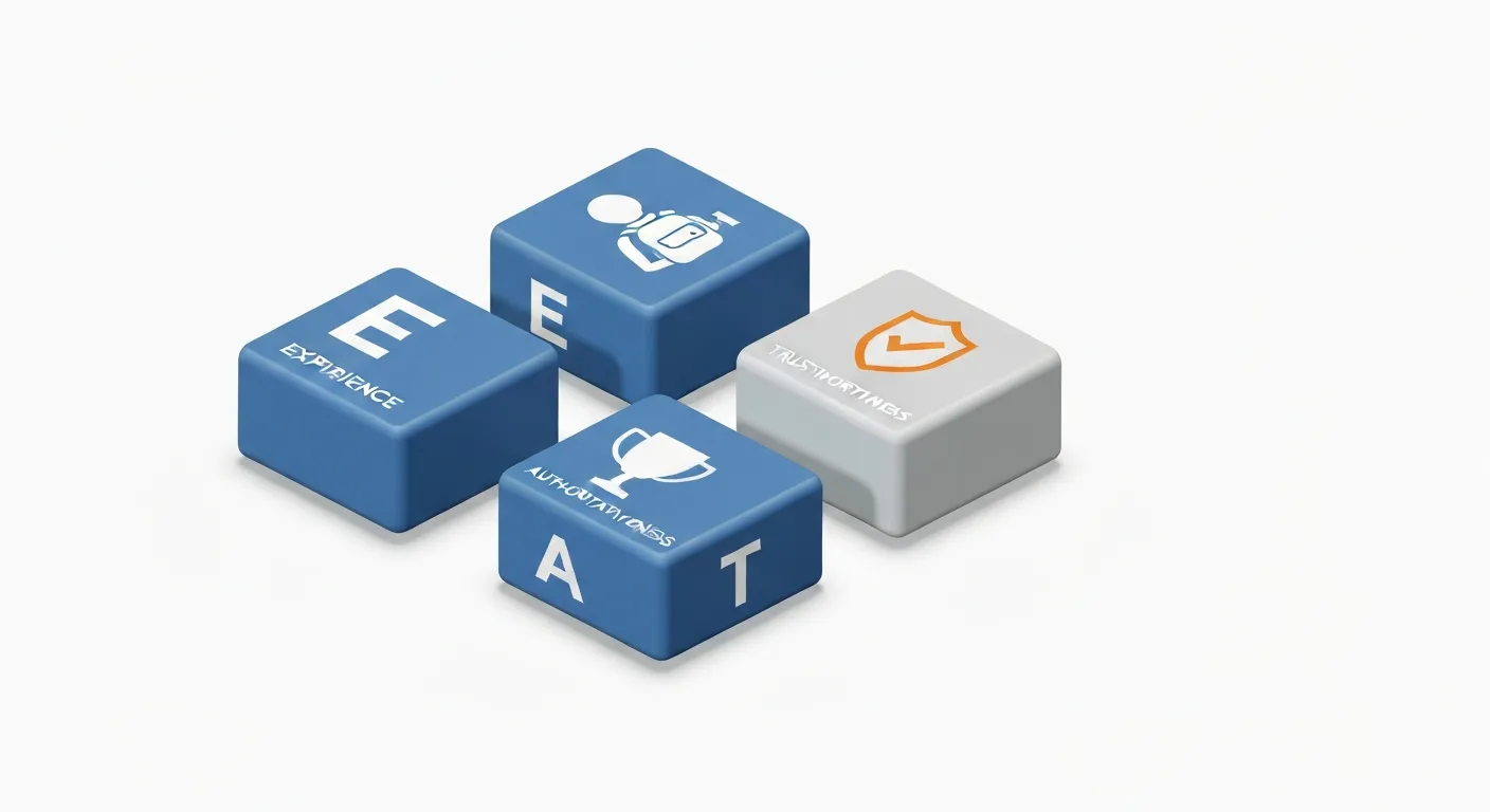 An isometric 3D illustration breaking down the E-E-A-T acronym into four distinct, labeled blocks on a clean white background. Each block features a unique icon representing Experience, Expertise, Authoritativeness, and Trustworthiness.
