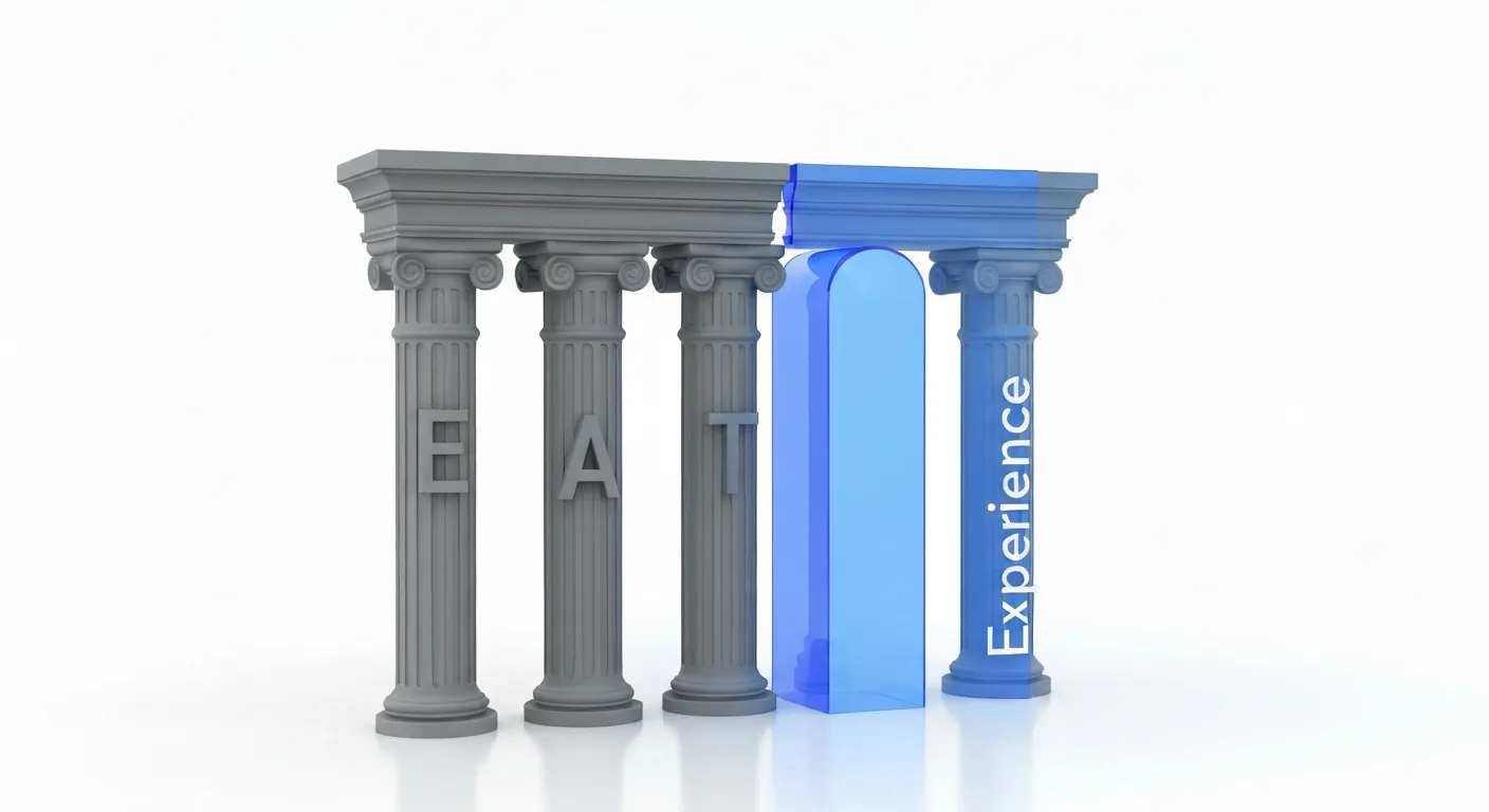 A conceptual illustration showing the evolution of Google's quality guidelines from E-A-T to E-E-A-T. Three solid pillars representing Expertise, Authoritativeness, and Trust are being joined by a fourth, more organic-looking pillar representing Experience, completing a stable structure.