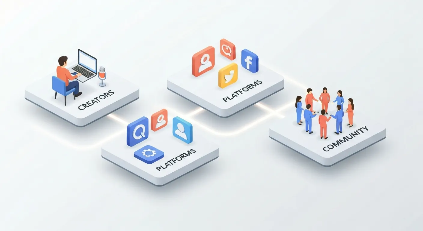 An isometric illustration showing the three fundamental pillars of the creator economy. Three interconnected platforms are labeled 'Creators', 'Platforms', and 'Community', each with relevant icons, visualizing the ecosystem that supports independent creators.