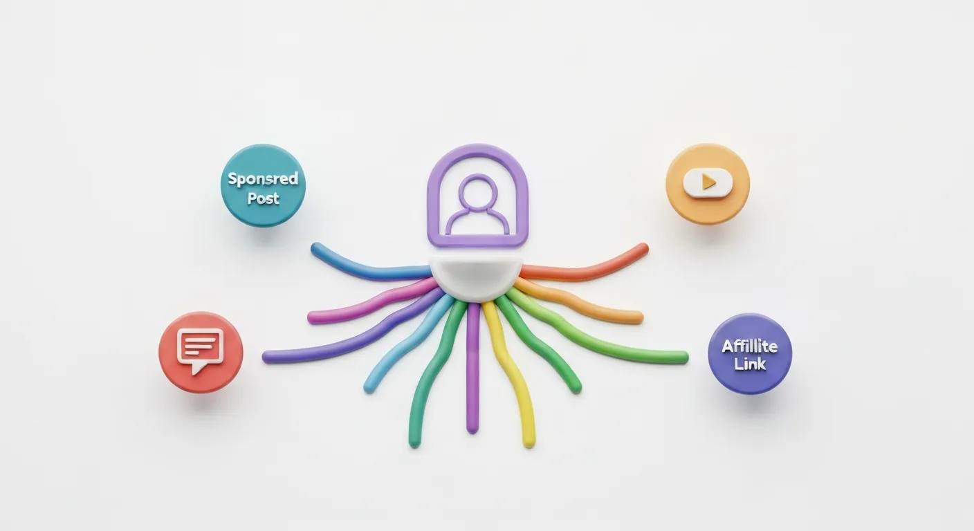 An abstract visualization of the diverse monetization models available in the creator economy. A central icon representing the creator branches out into multiple income streams, including advertising, digital products like e-books, affiliate marketing, and direct community support.