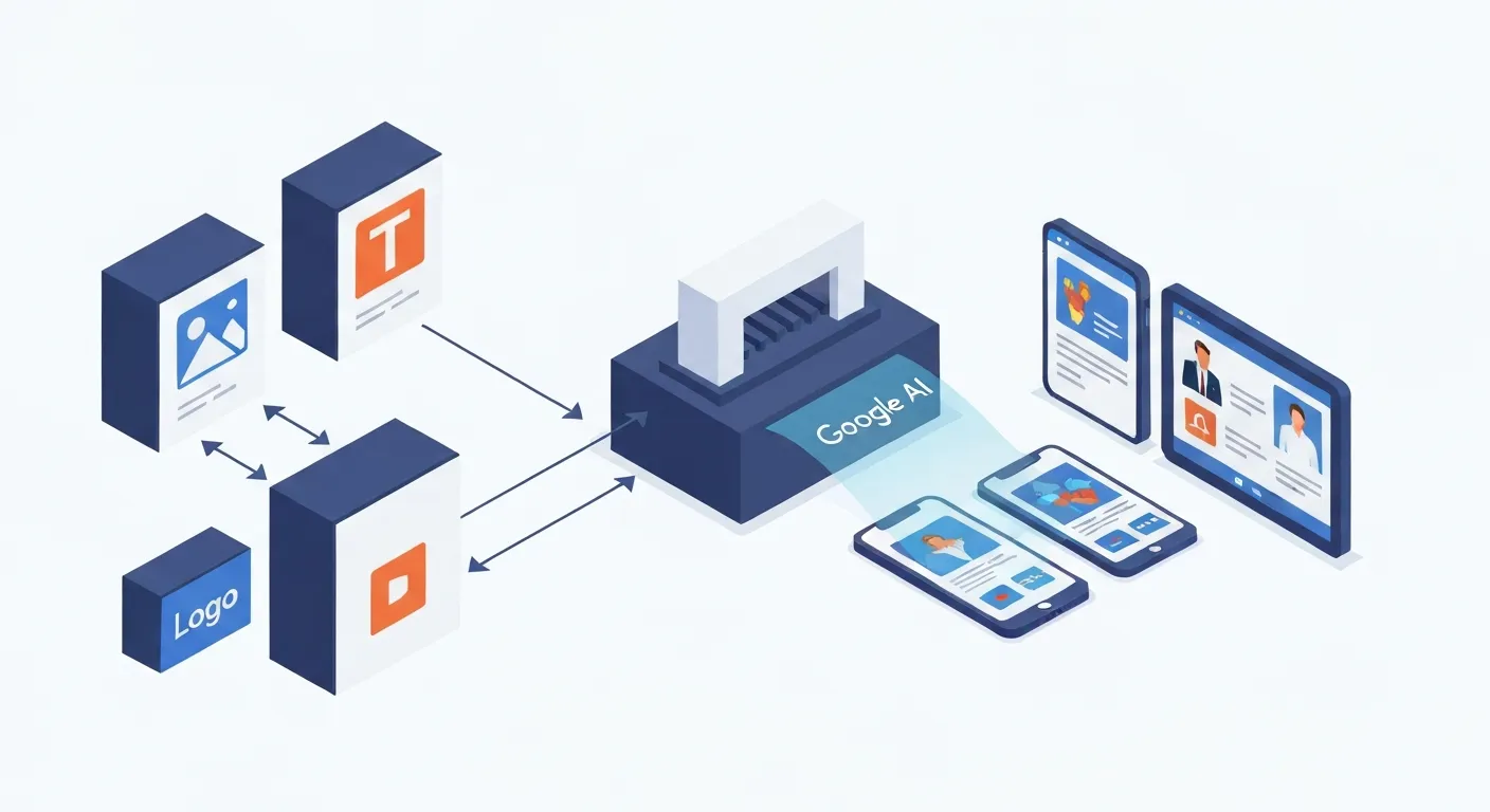 Izometryczna ilustracja przedstawiająca kluczowe komponenty elastycznej reklamy displayowej - obrazy, nagłówki, logotypy - jako klocki gotowe do złożenia przez system Google Ads.
