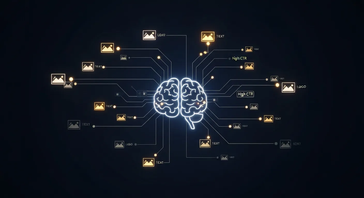 Wizualizacja danych pokazująca proces automatycznej optymalizacji reklam przez AI, gdzie algorytm testuje różne kombinacje i wybiera te najskuteczniejsze, co symbolizują świecące połączenia.