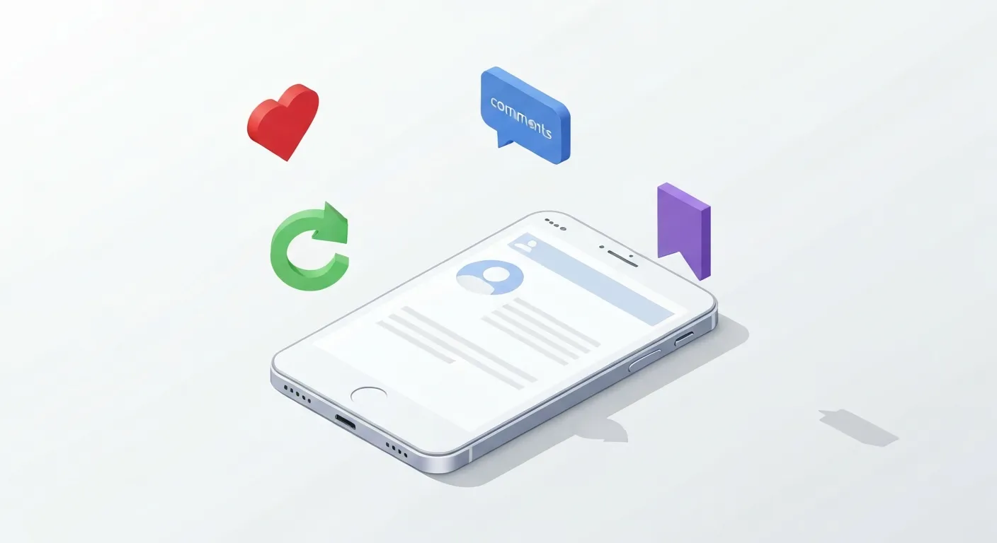 Ilustracja izometryczna pokazująca różne formy zaangażowania w mediach społecznościowych. W centrum znajduje się smartfon z przykładowym postem, a wokół niego unoszą się trójwymiarowe ikony: serce (polubienia), dymek czatu (komentarze), strzałka udostępniania (udostępnienia) i zakładka (zapisania). Całość na czystym, białym tle, co ułatwia zrozumienie kluczowych interakcji składających się na wskaźnik zaangażowania.