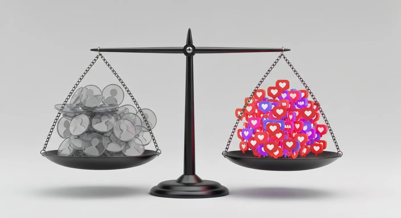 Wizualizacja danych porównująca wartość liczby obserwujących i wskaźnika zaangażowania. Na nowoczesnej, cyfrowej wadze szalkowej po jednej stronie znajduje się duża, ale przezroczysta i lekka grupa ikon symbolizujących pasywnych obserwujących. Po drugiej, znacznie niżej opuszczonej stronie, leży mniejsza, ale zwarta i intensywnie świecąca grupa ikon interakcji (serca, komentarze), pokazując ich większą wagę i wartość dla marki.