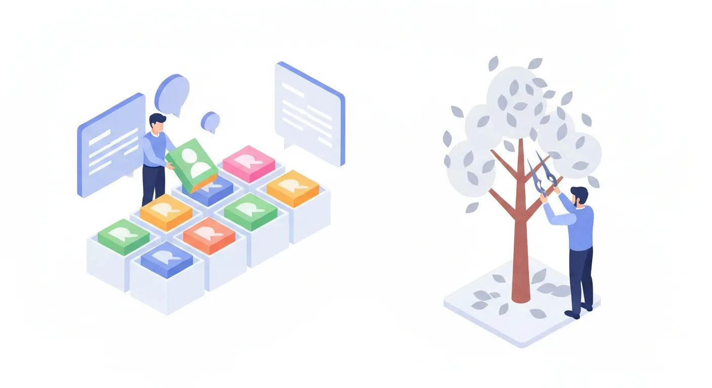 Ilustracja izometryczna pokazująca proces segmentacji listy mailingowej i dbania o jej higienę. Jedna postać sortuje kolorowe profile użytkowników do odpowiednich grup, a druga pielęgnuje 'drzewo' kontaktów, usuwając uschnięte liście.