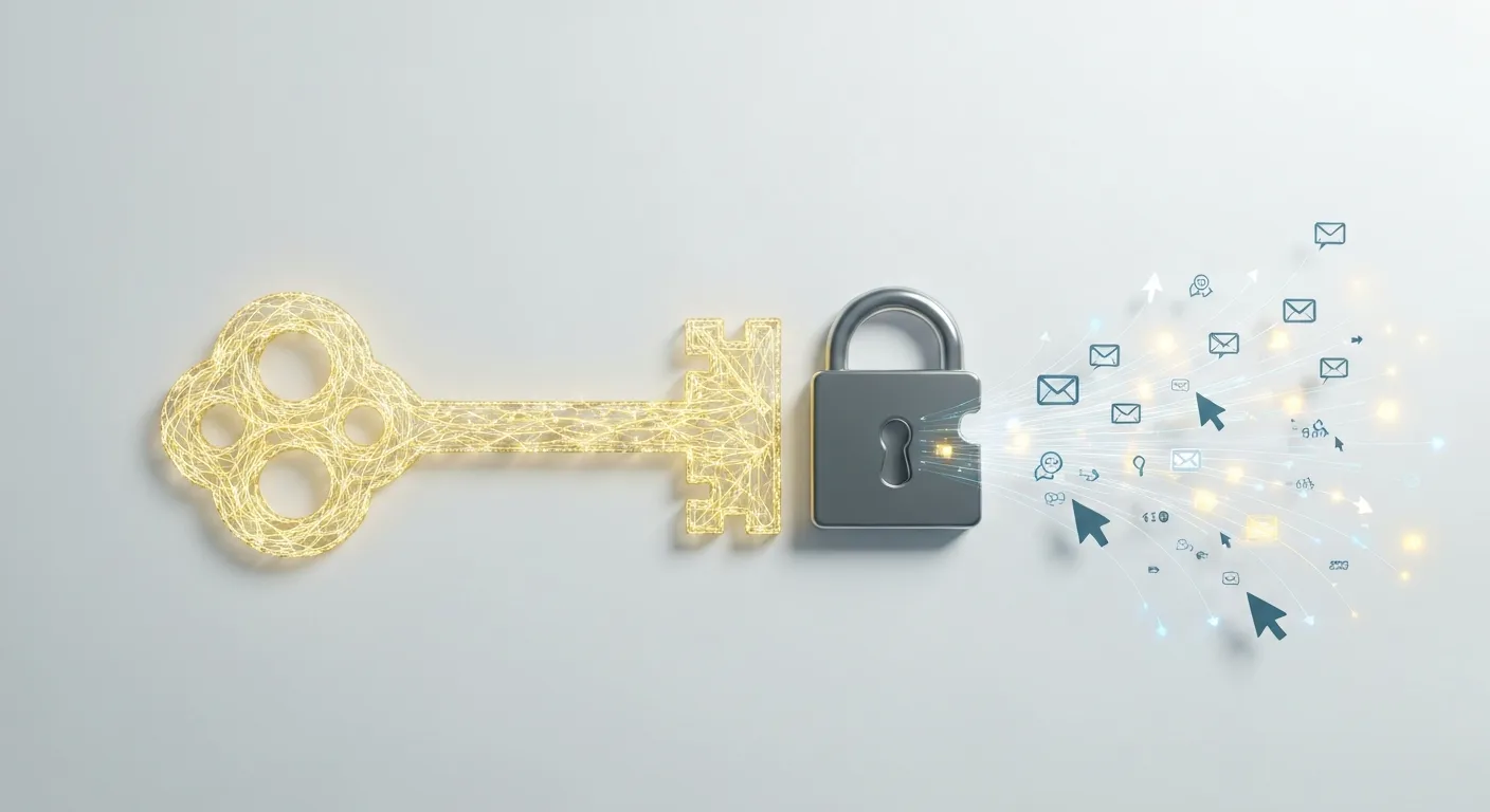 Abstrakcyjna wizualizacja pokazująca, jak chwytliwy temat wiadomości email działa jak klucz, który otwiera zamek, uwalniając przepływ danych i interakcji od odbiorcy.