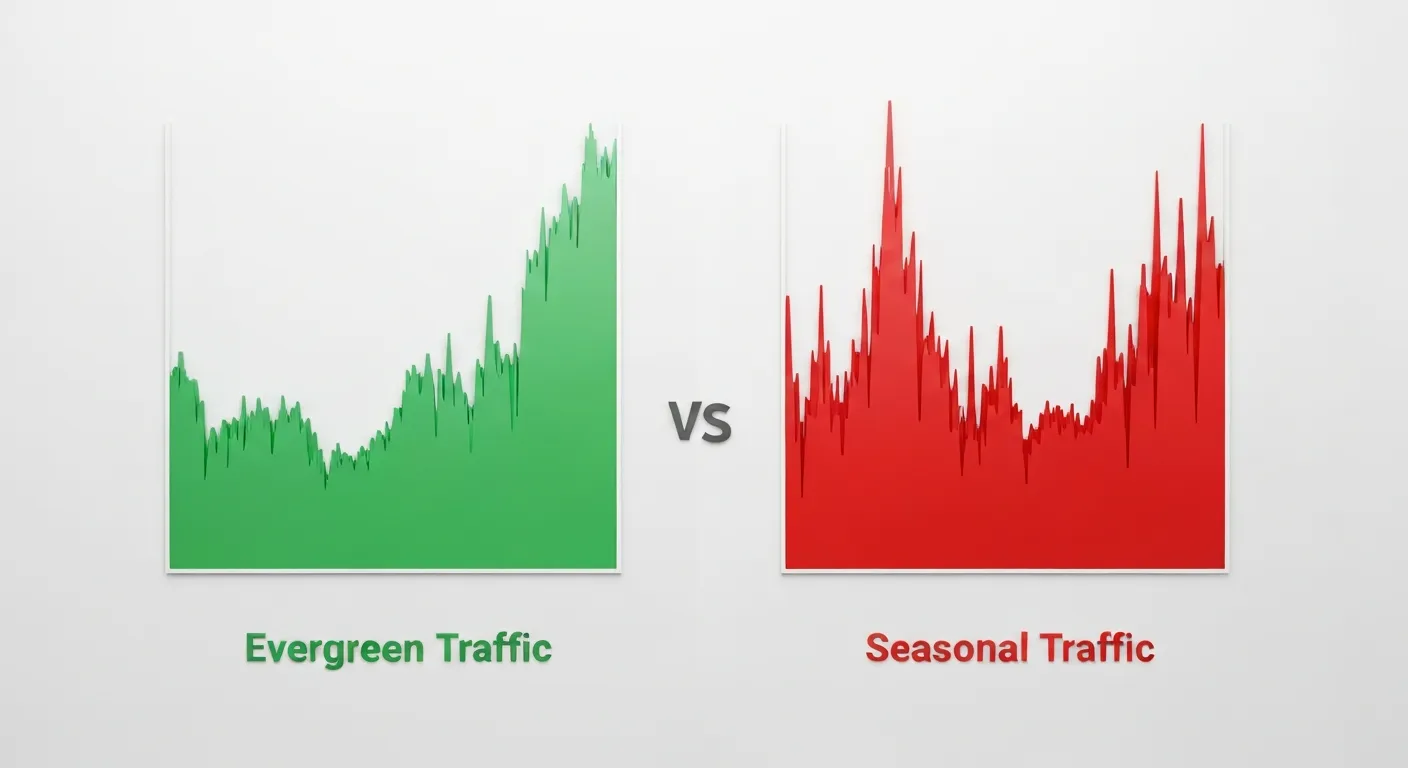 Graficzna wizualizacja porównująca dwa typy ruchu na stronie. Po lewej stronie stabilna, powoli rosnąca zielona linia oznaczona 'Evergreen Content'. Po prawej stronie, czerwona linia z gwałtownymi, wysokimi szczytami i głębokimi dolinami, oznaczona 'Treści Sezonowe', ilustrująca różnicę w stabilności generowanego ruchu.
