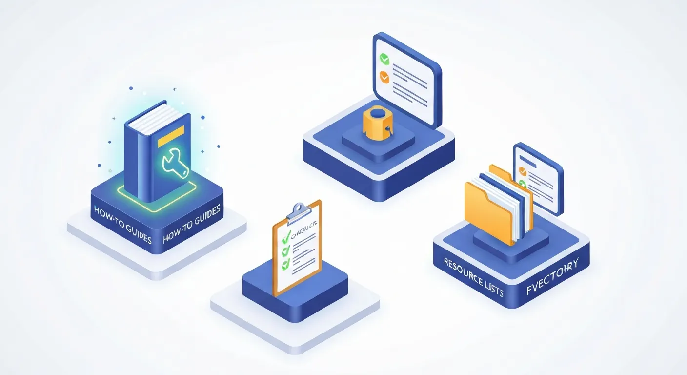 Izometryczna ilustracja przedstawiająca cyfrową bibliotekę lub warsztat, w którym tworzone są różne formaty evergreen content. Widoczne są ikony symbolizujące 'Poradnik How-To' (książka z narzędziami), 'Listę zasobów' (otwarty folder) i 'Checklistę' (clipboard z zaznaczonymi punktami), ukazując praktyczne formy treści ponadczasowych.