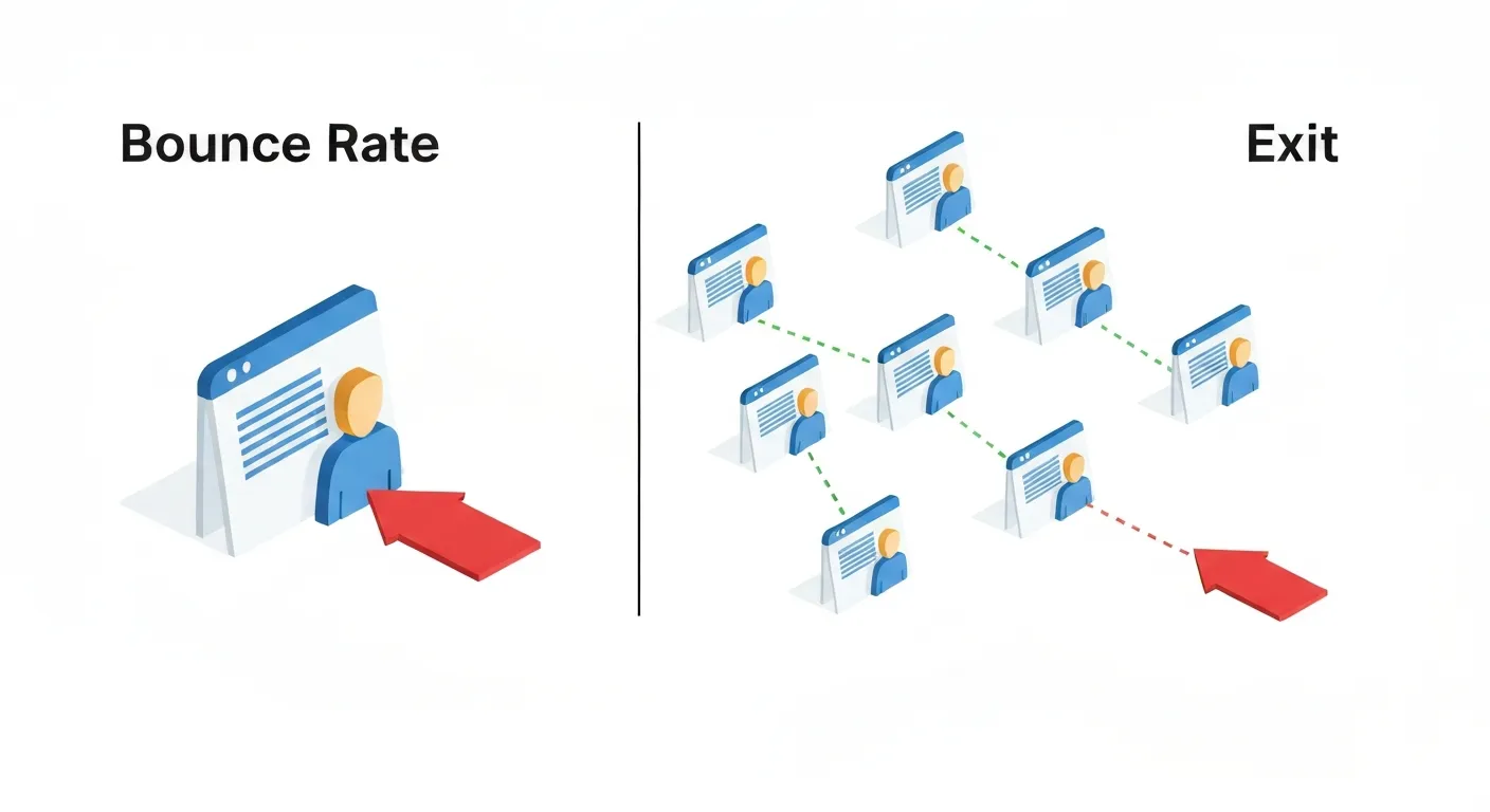 A clear diagram comparing bounce rate, where a user leaves immediately, with exit rate, where a user leaves after visiting several pages.