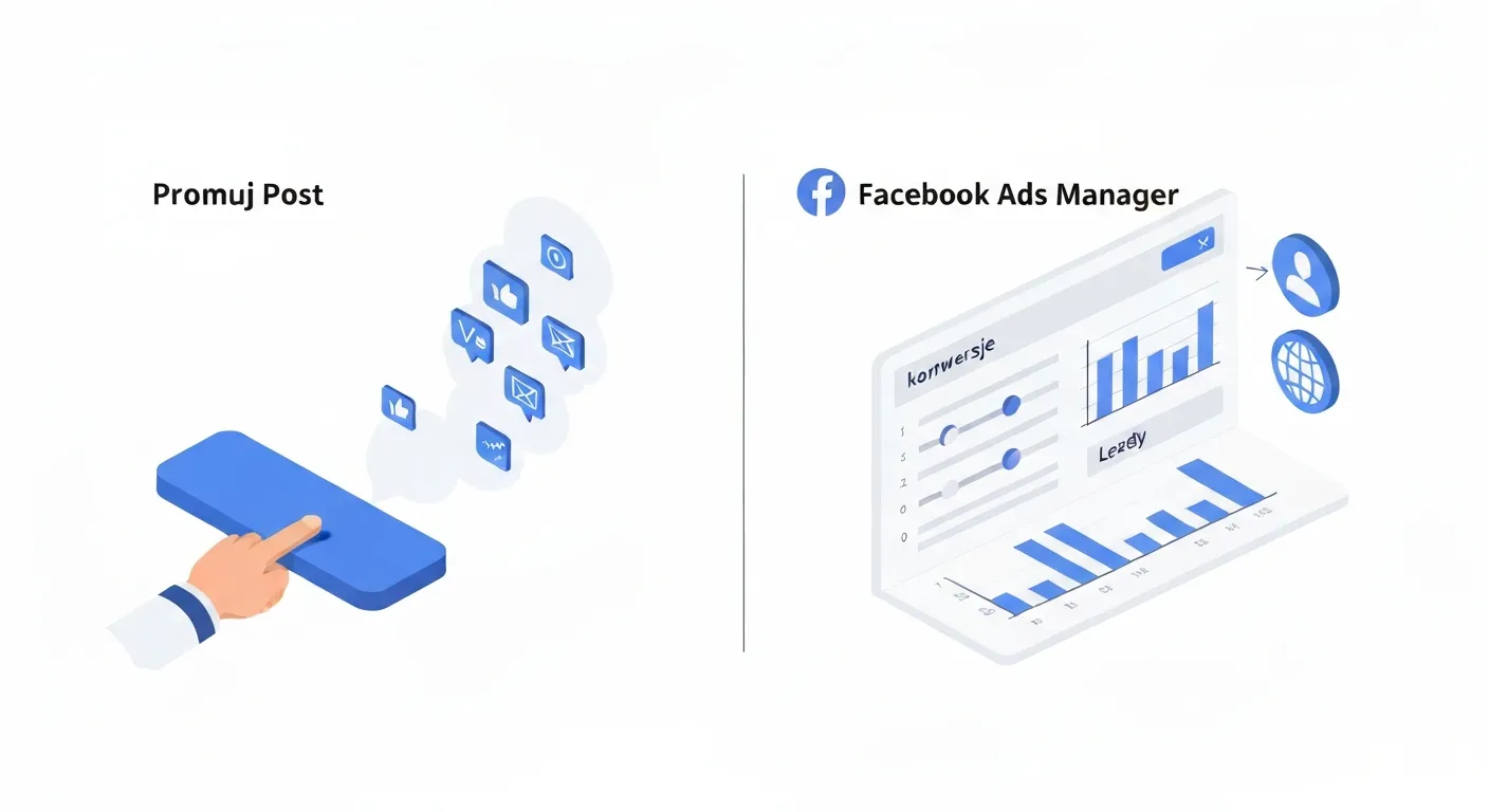 Porównanie wizualne: po lewej prosty przycisk 'Promuj post' prowadzący do niejasnych wyników, po prawej zaawansowany panel Facebook Ads Manager z precyzyjnymi opcjami celu, targetowania i formatu reklamy prowadzącymi do konkretnych celów biznesowych.