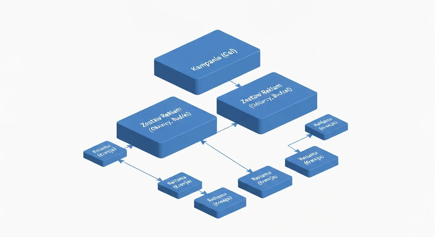 Schemat blokowy ilustrujący trójpoziomową strukturę kampanii w Facebook Ads: na samej górze jeden blok 'Kampania', poniżej rozgałęzienie na 'Zestawy Reklam', a na samym dole, pod każdym zestawem, kolejne rozgałęzienia na poszczególne 'Reklamy'.
