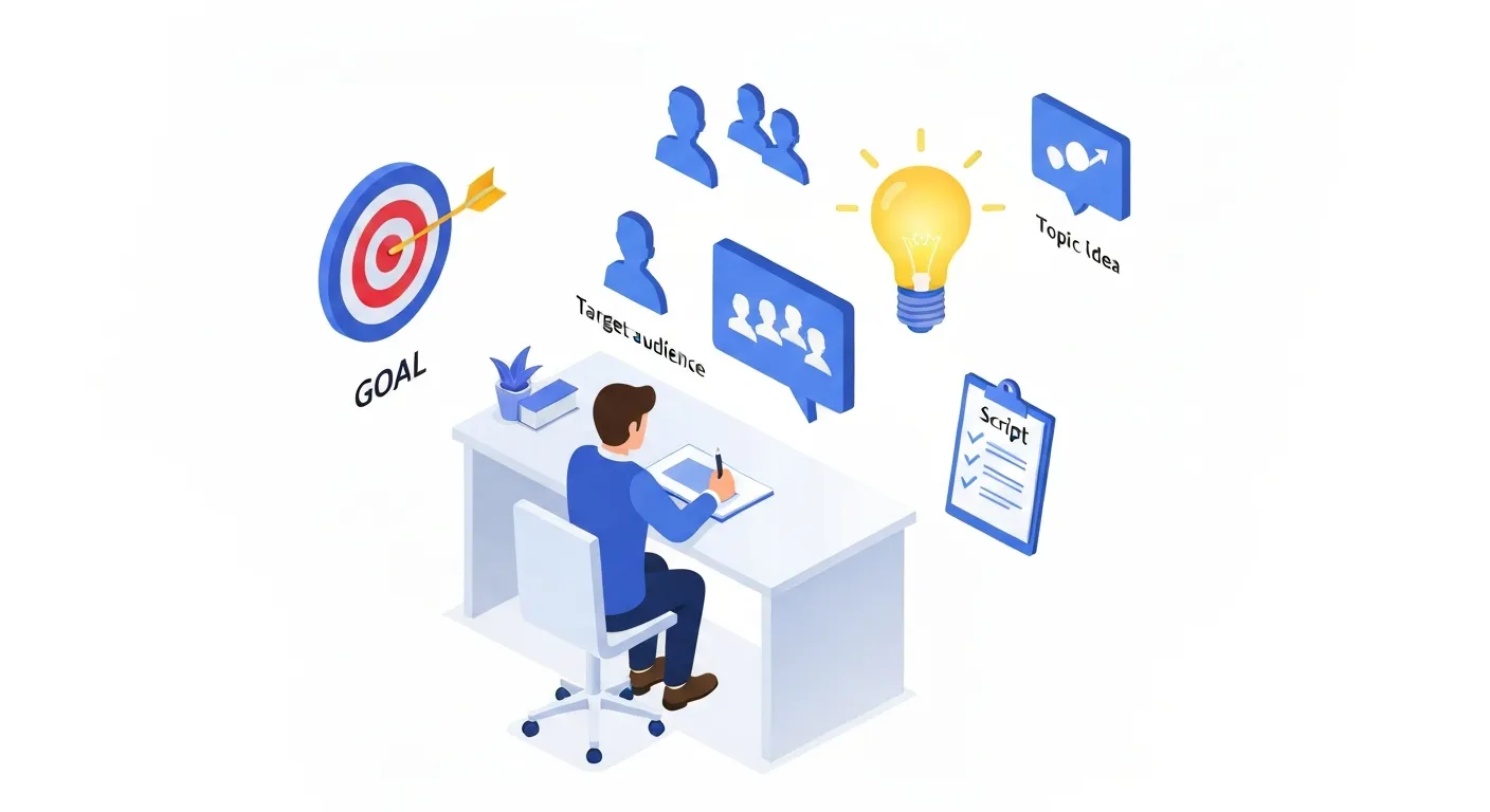 Ilustracja izometryczna przedstawiająca strategiczne planowanie transmisji na żywo, z ikonami symbolizującymi cel, grupę docelową, angażujący temat i scenariusz wydarzenia.