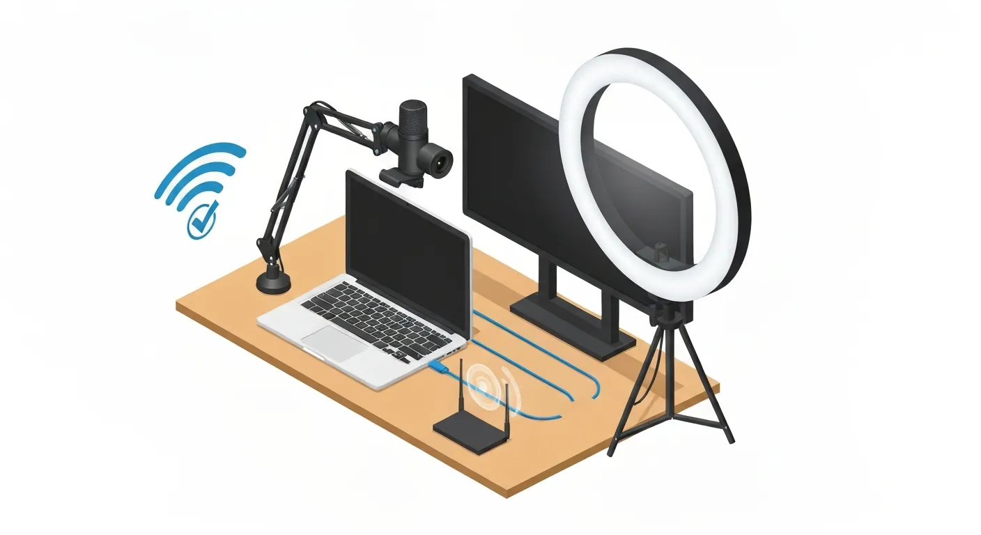 Ilustracja izometryczna pokazująca profesjonalny sprzęt do streamingu na żywo, w tym lampę pierścieniową, zewnętrzny mikrofon, kamerę internetową i stabilne połączenie internetowe.