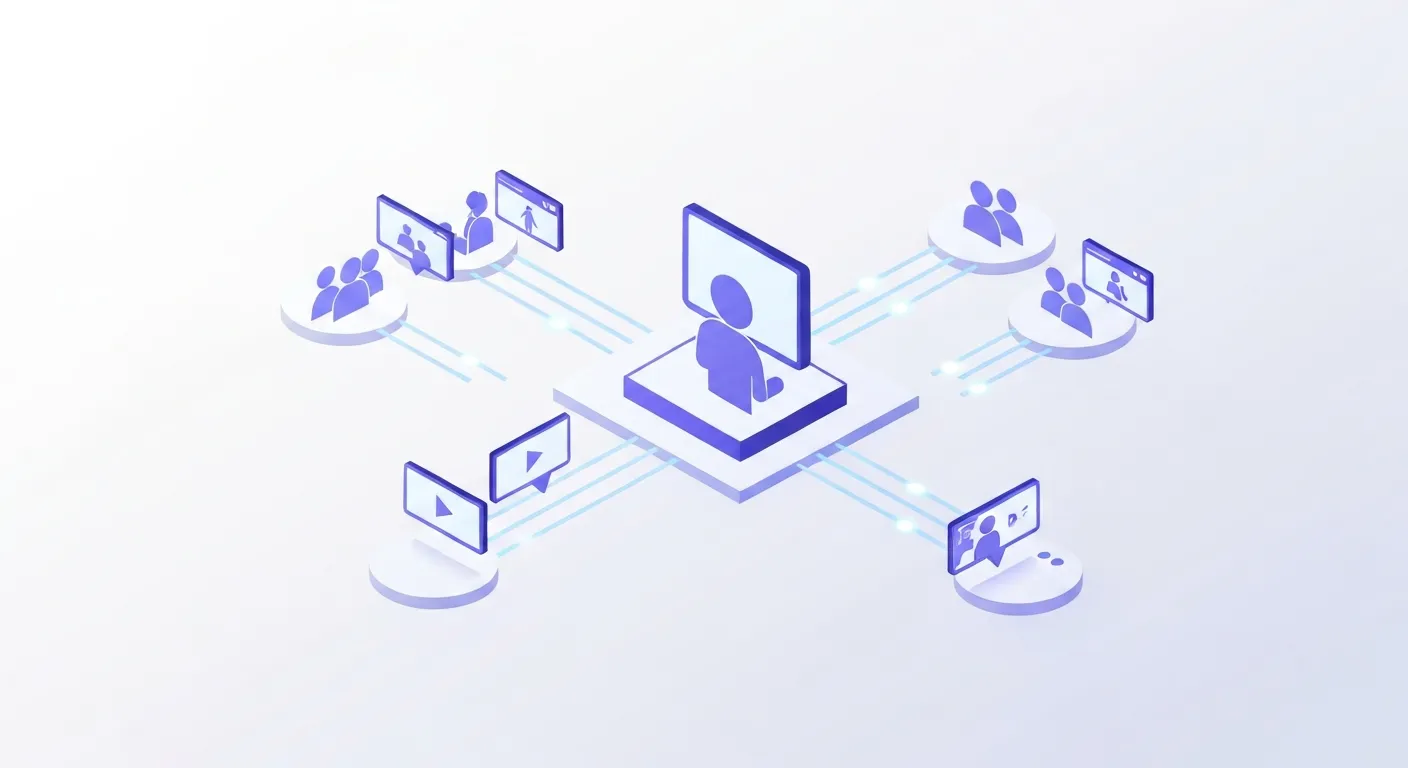 An isometric illustration showing how the Facebook Watch algorithm works. A central user icon is connected by glowing lines to a network of friends and group icons, with video content thumbnails flowing along these connections towards the user.
